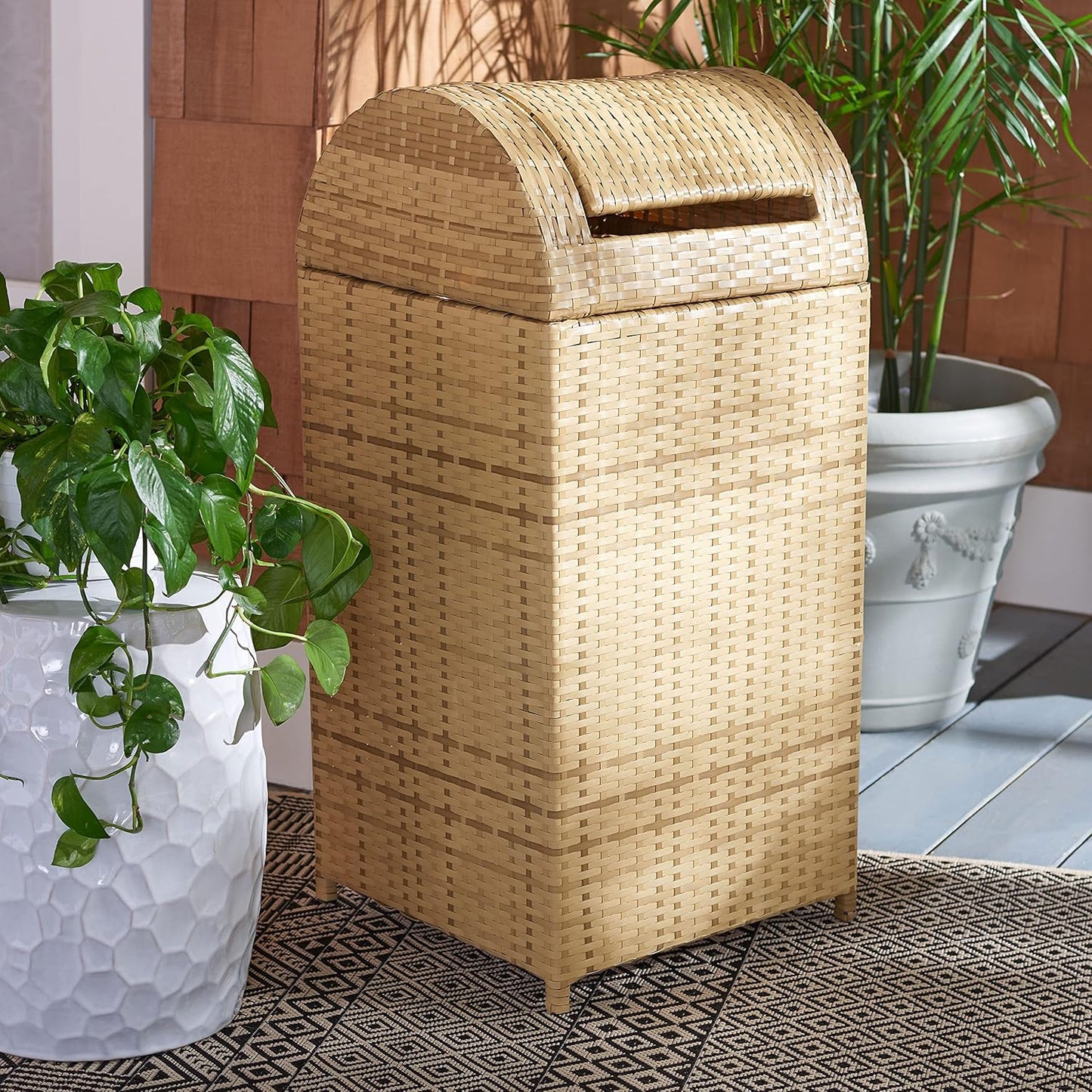 SAFAVIEH Outdoor Collection Mazeli Natural Woven Swing Top Dome Lid Trash Bin (Fully Assembled)