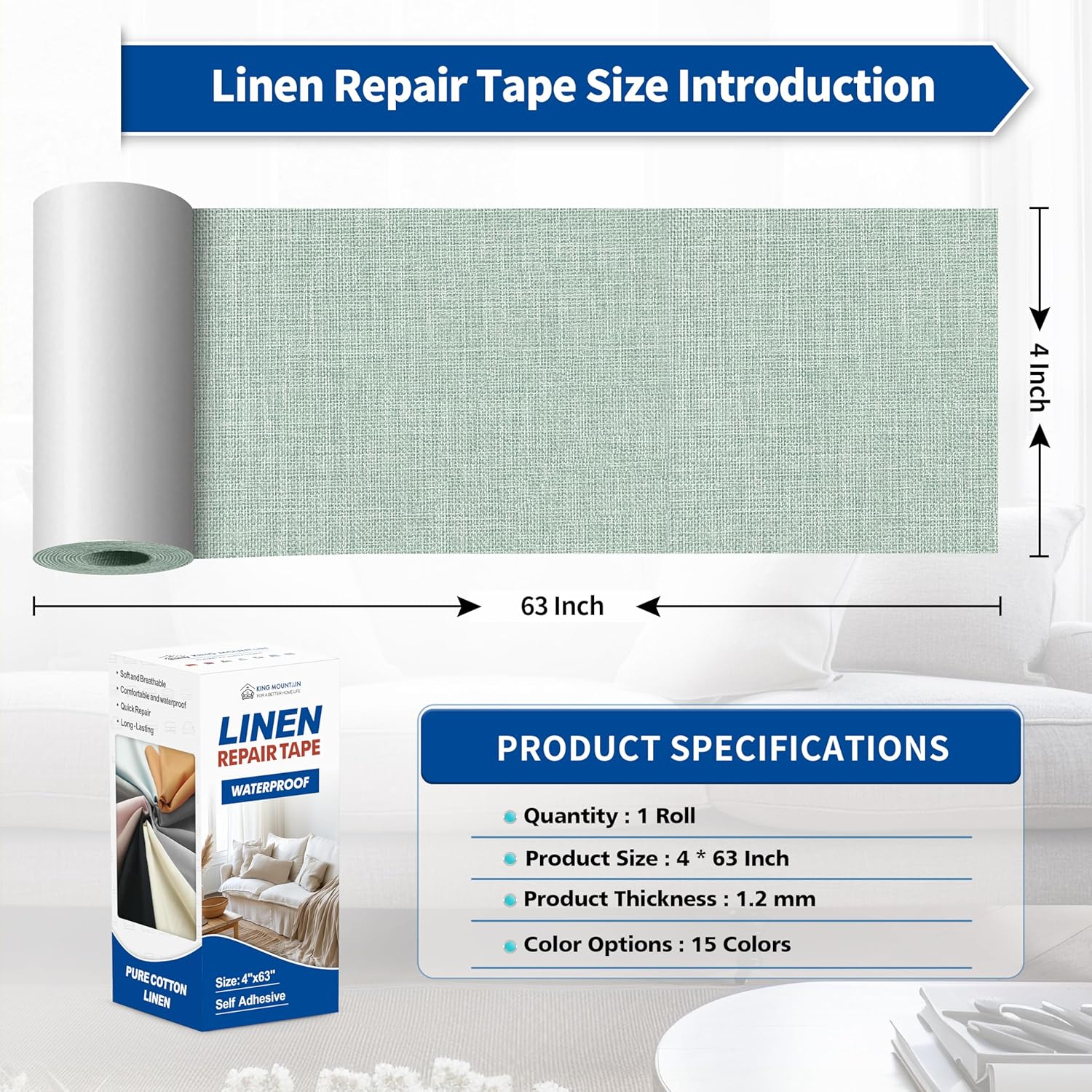 KING MOUNTAIN Linen Repair Patches, Self-Adhesive Fabric Patches, 4 X 63 inch Extra Size, Multi