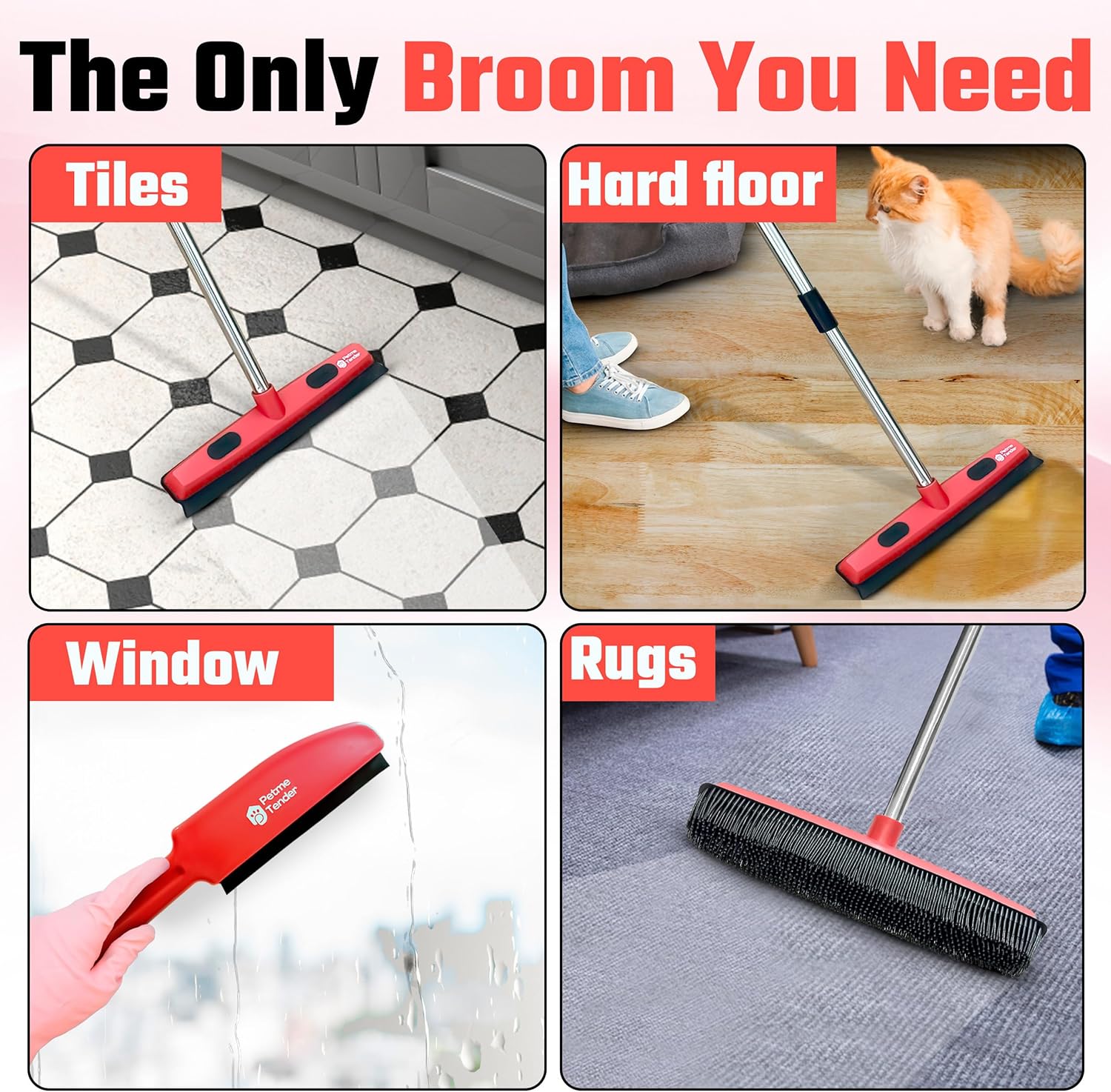 Hybrid Dog Pet Hair Removal Broom with Squeegee – Adjustable Handle Rubber Broom for Pet Hair on