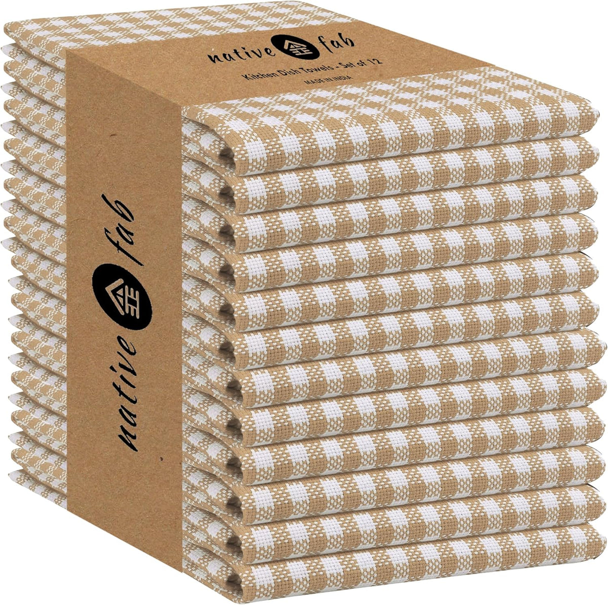 Native Fab Gingham Check Kitchen Dish Towels 16"x26" Set of 12-100% Cotton Mini Plaid Washcloths