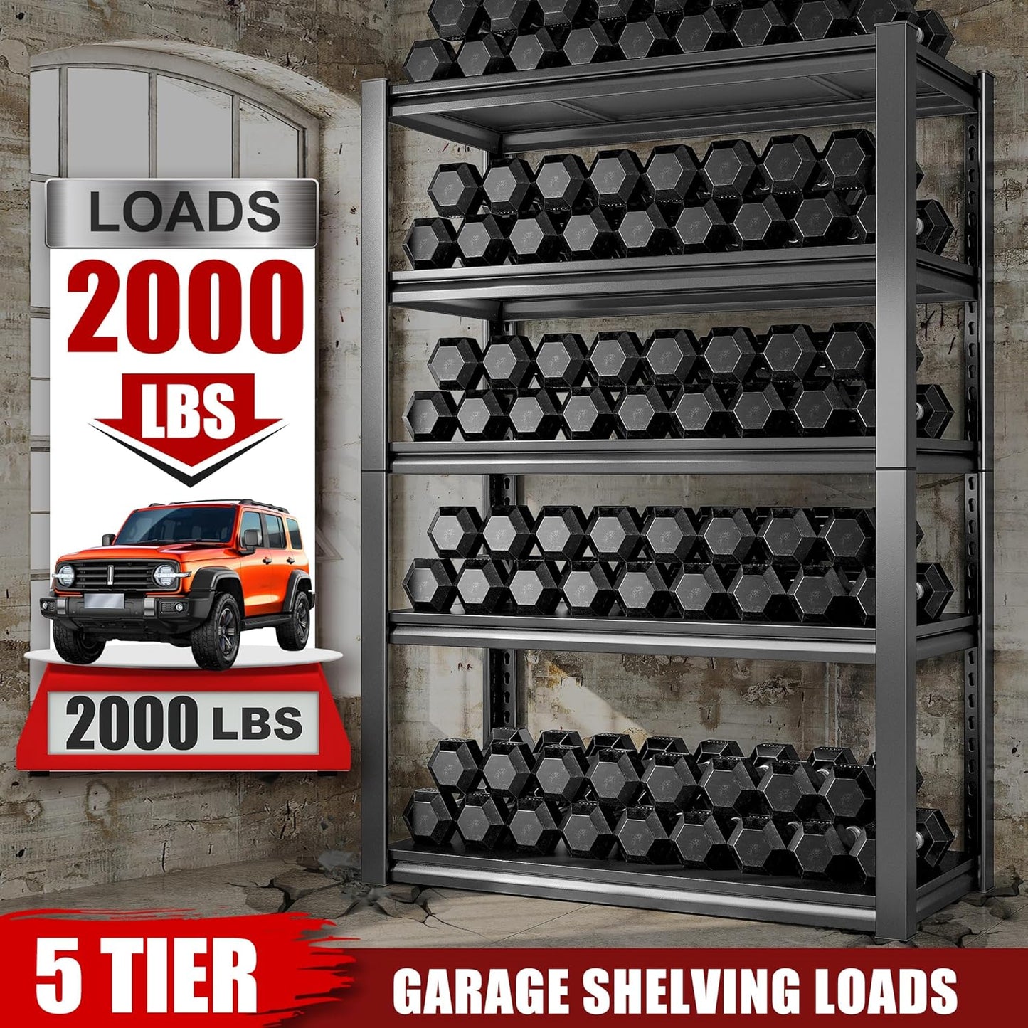 Raybee Storage Shelves 2000LBS Garage Shelving Heavy Duty, 5-Tier Adjustable Garage Shelves, Metal