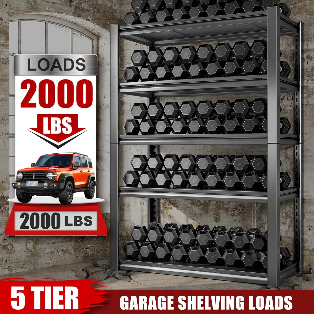 Raybee Storage Shelves 2000LBS Garage Shelving Heavy Duty, 5-Tier Adjustable Garage Shelves, Metal