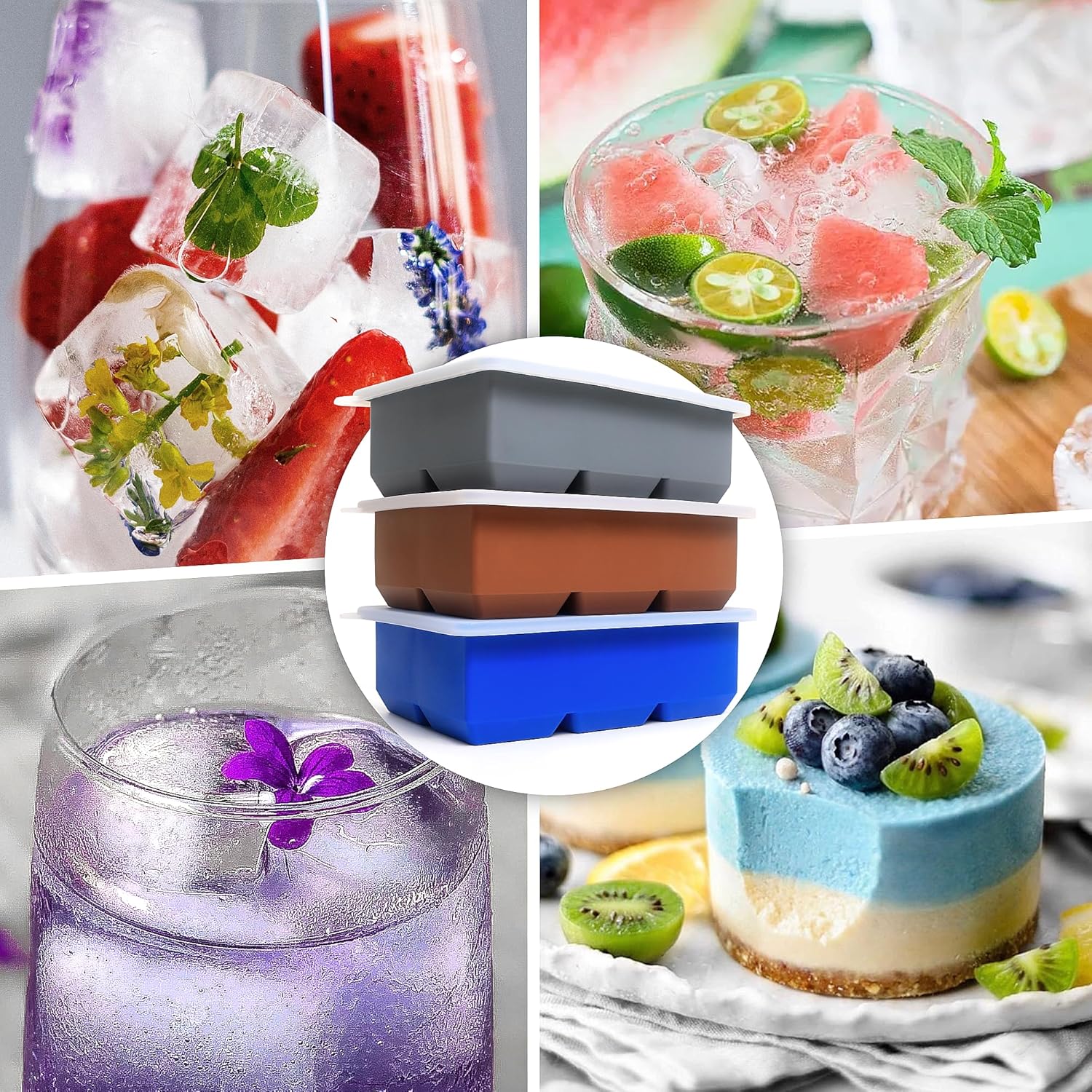 Silicone Ice Cube Trays 3 Pack - Large Size Silicone Ice Cube Molds with Leak Proof Removable Lid