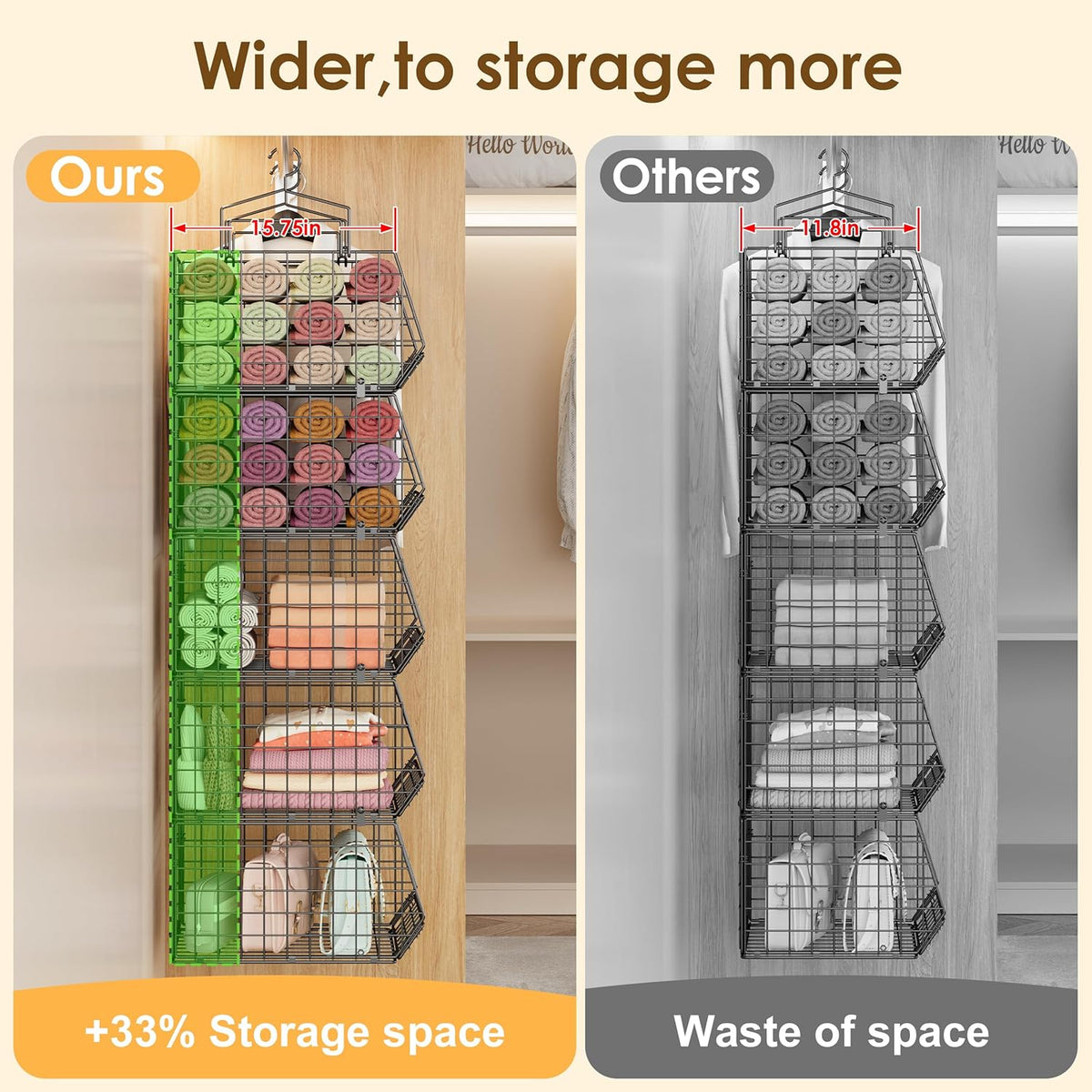 Deeper 4'' Design 5 Tier Foldable Hanging Closet Organizer and Storage，Wire Cabinet Shelves and