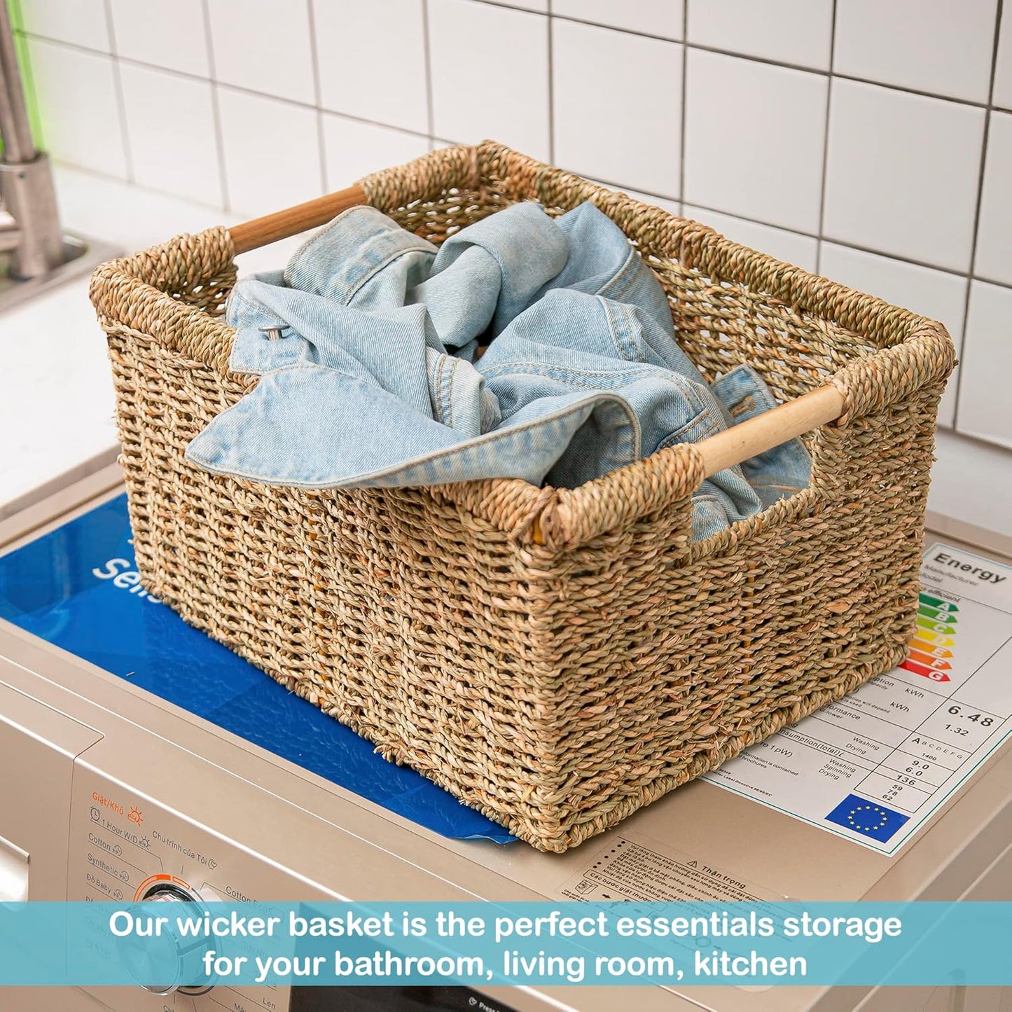 Large Wicker Basket Rectangular with Wooden Handles for Shelves, Seagrass Basket Storage, Natural