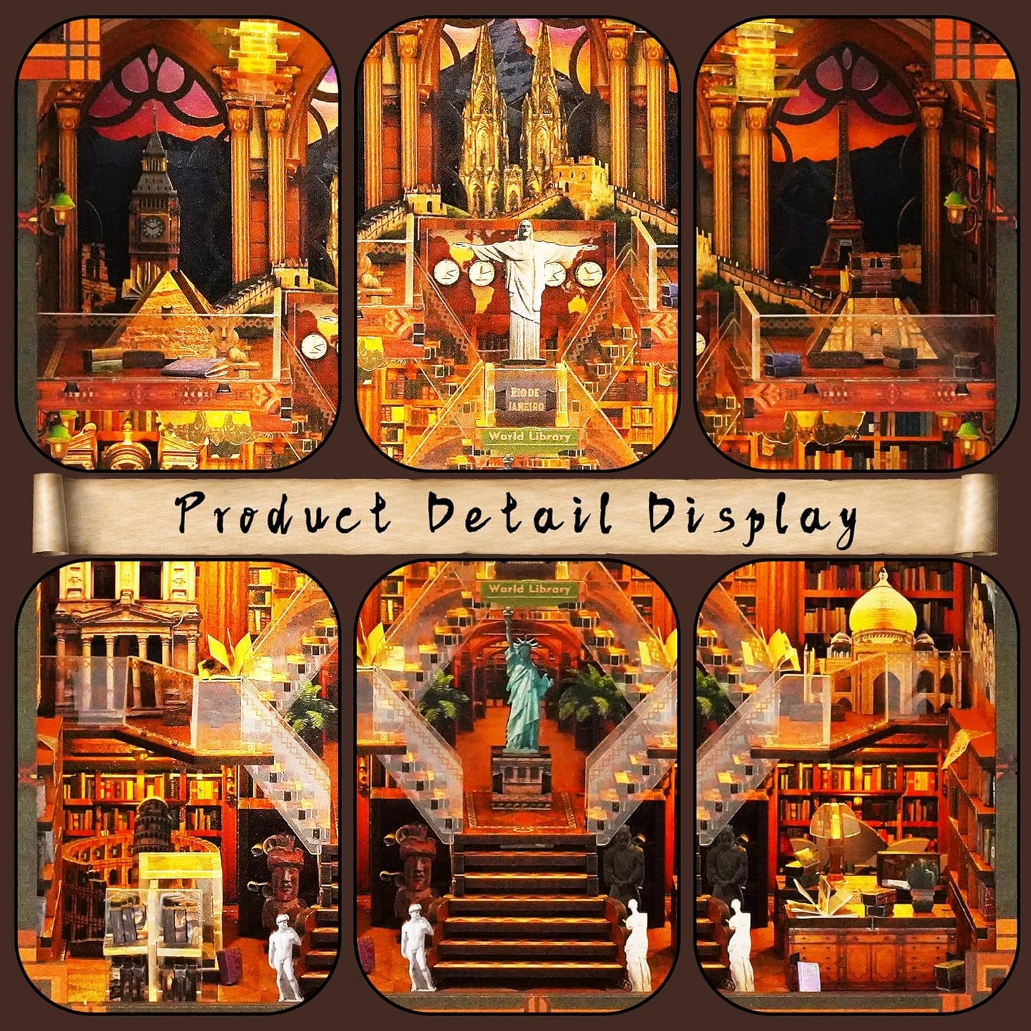 Book Nook Kits for Adults – The World Library Booknook – 3D Wooden Puzzle with LED Lights