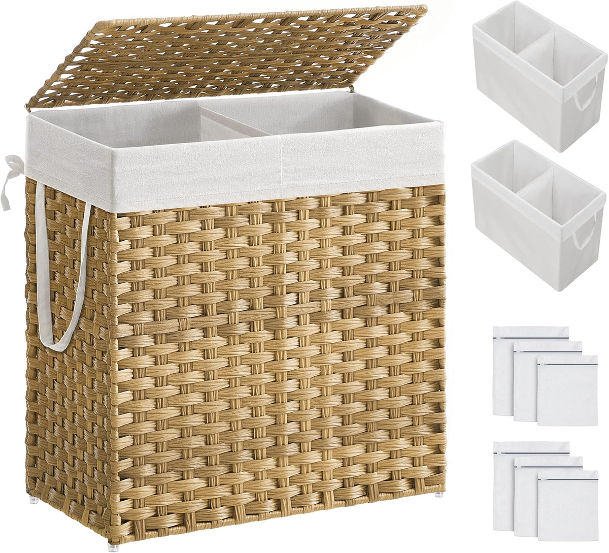 SONGMICS Laundry Hamper with Lid, 110L Clothes Hamper with 2 Removable Liner Bags, 6 Mesh Bags