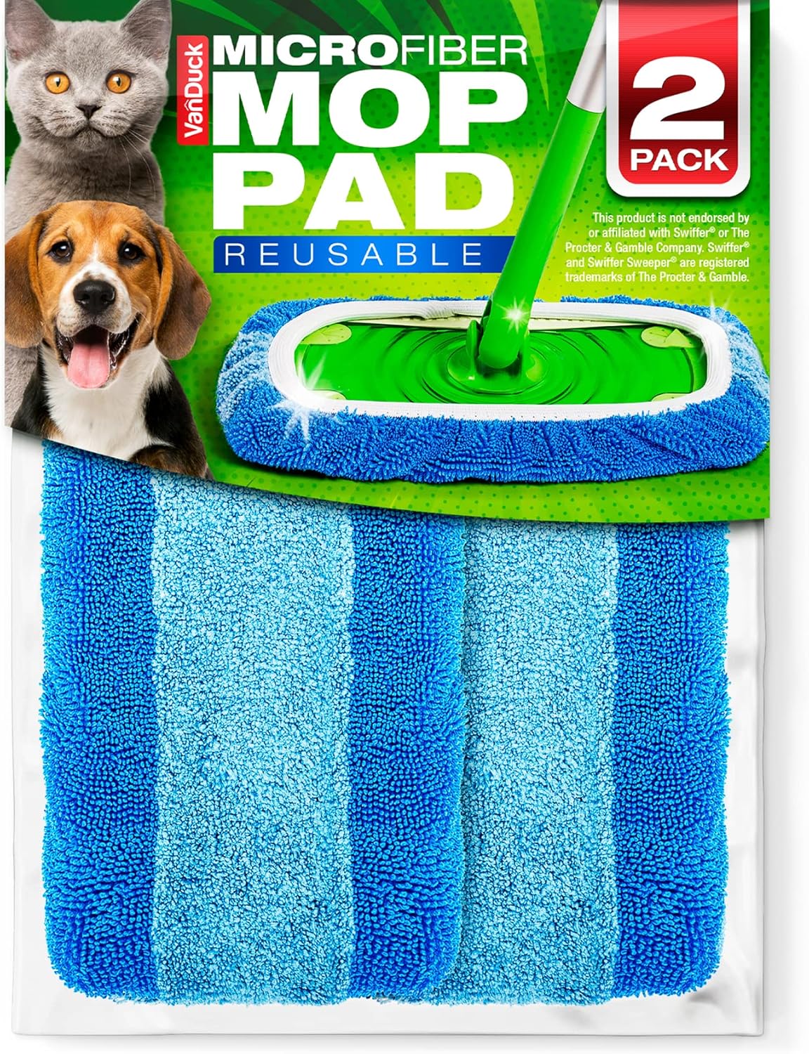 VanDuck Reusable Pet Heavy Duty Mop Pads Compatible with Swiffer Sweeper (2-Pack) - Washable