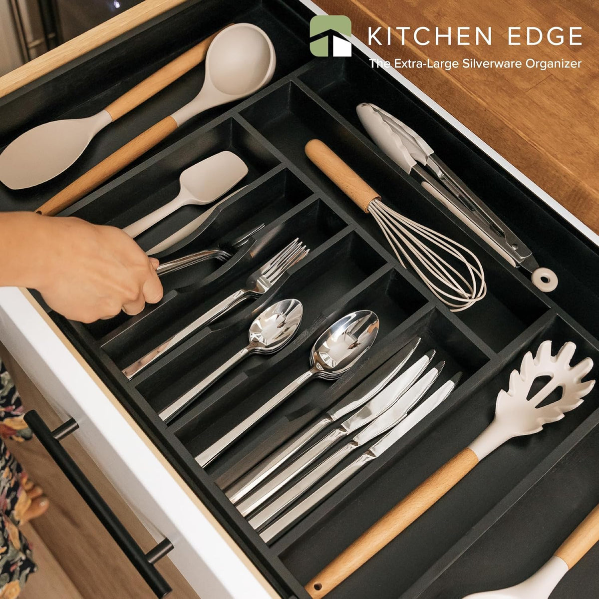 KitchenEdge Premium Silverware, Flatware and Utensil Organizer for Kitchen Drawers, Food-Safe
