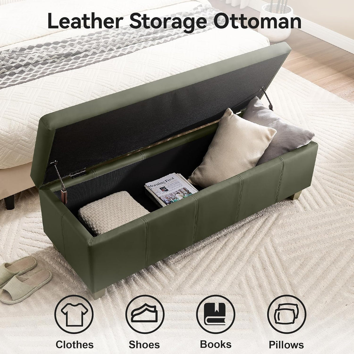 41" Faux Leather Storage Ottoman, Stitch Tufted Rectangle Upholstered End of Bed Storage Bench