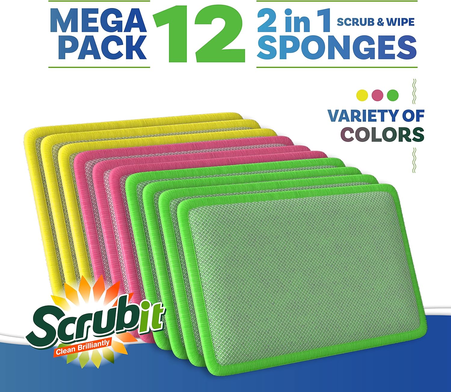 SCRUBIT - [12 Pack] Scrub and Wipe Cleaning Pads – Dual Sided Scouring Pad and Dish Sponge