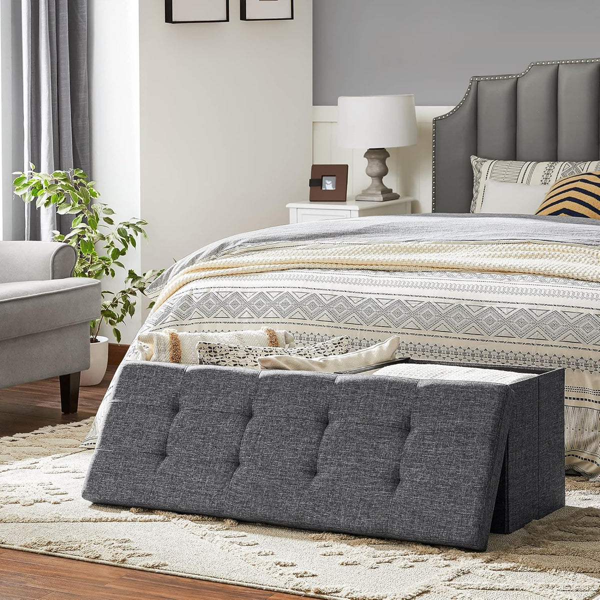 SONGMICS MAZIE Collection - 43 Inches Storage Ottoman, Foldable Storage Bench with Flipping Lid