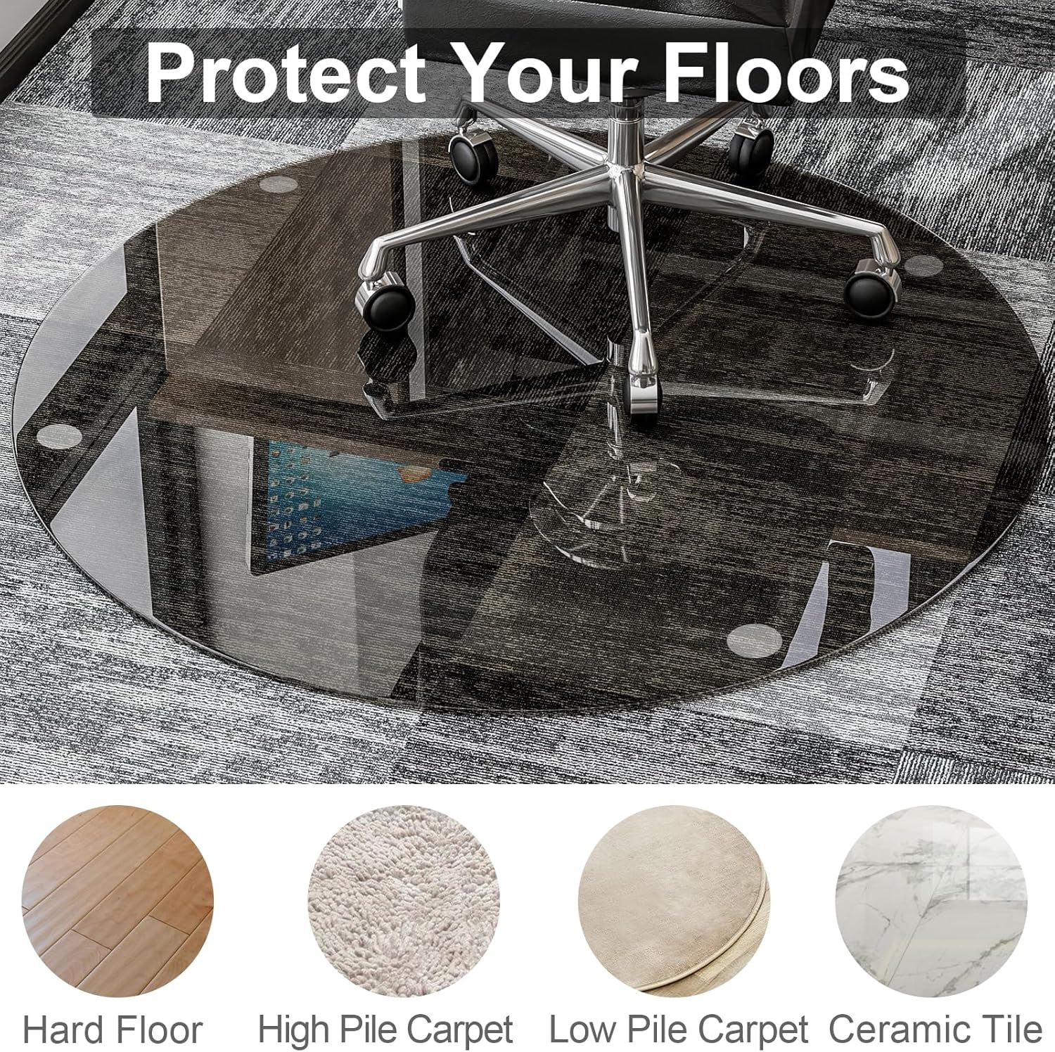 55" x 55" Round Tempered Glass Chair Mat for Carpet & Hardwood, Heavy-Duty Glass Floor Mat for