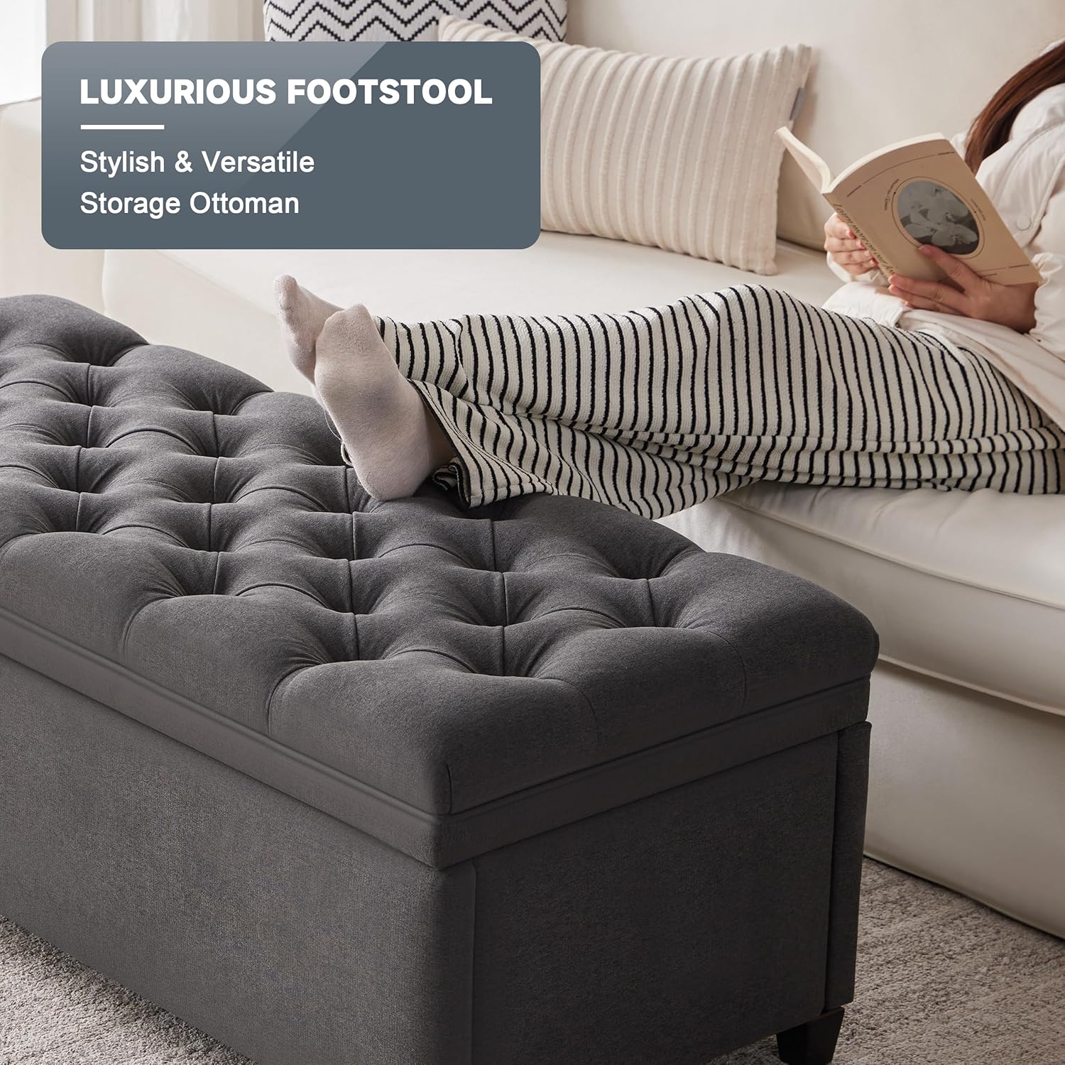 50" Storage Ottoman Bench, Tufted Ottoman with Storage for Living Room, Large End of Bed Ottomans