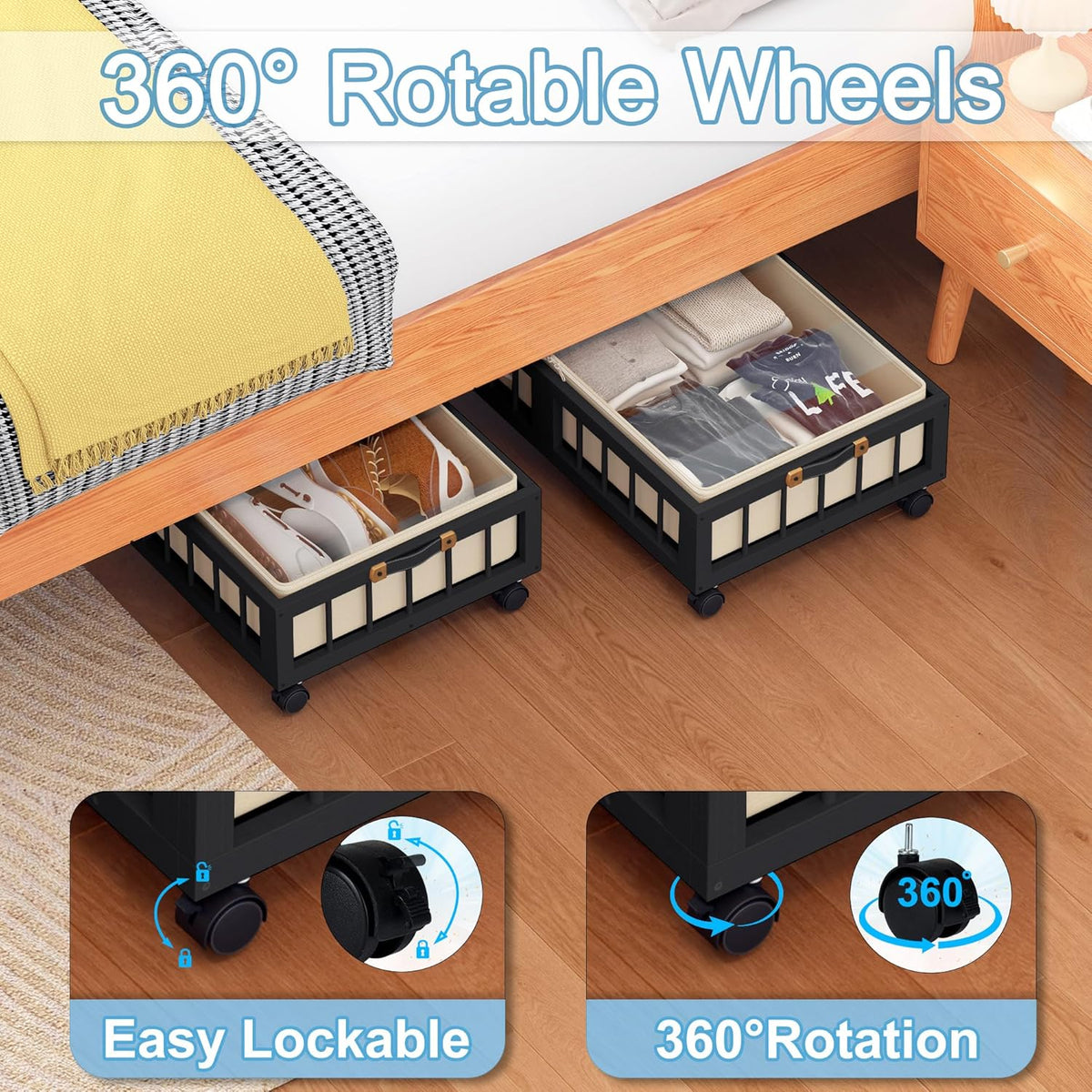 efluky 2-Pack Bamboo Under Bed Storage with Wheels, Rolling UnderBed Storage Basket with Large Dust