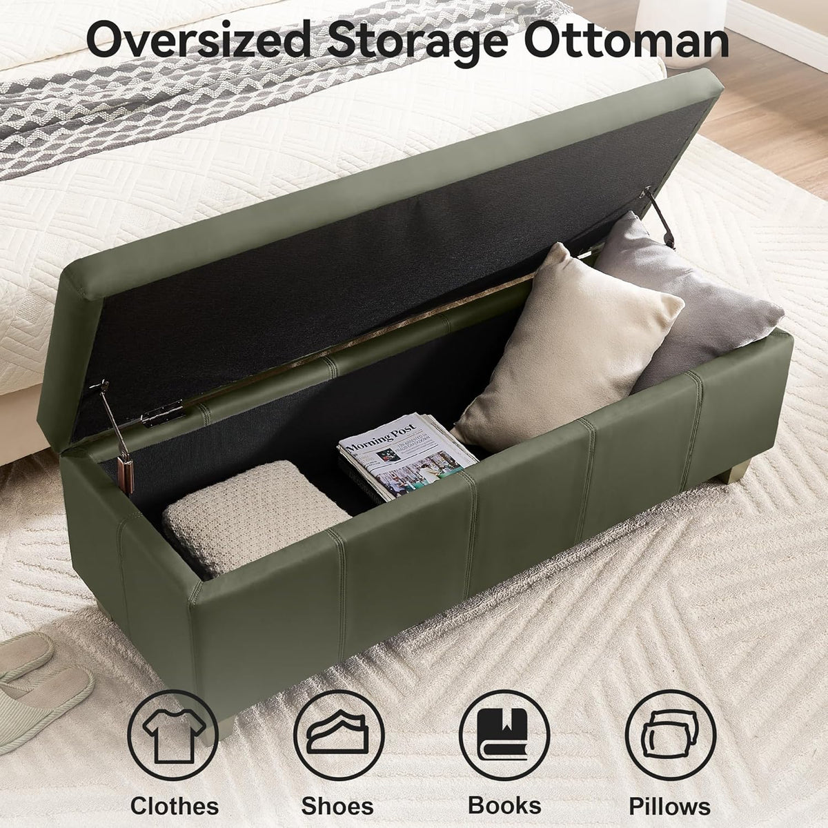 51" Faux Leather Storage Ottoman, Stitch Tufted Rectangle Upholstered End of Bed Storage Bench