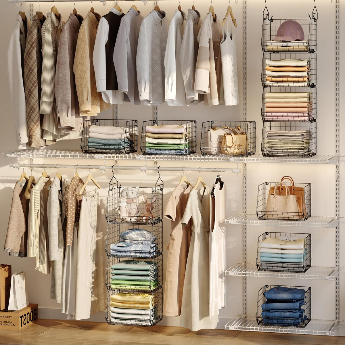 4 Tier Closet Hanging Organizer, Closet Organizers and Storage with 5 S Hooks, Closet Hanging