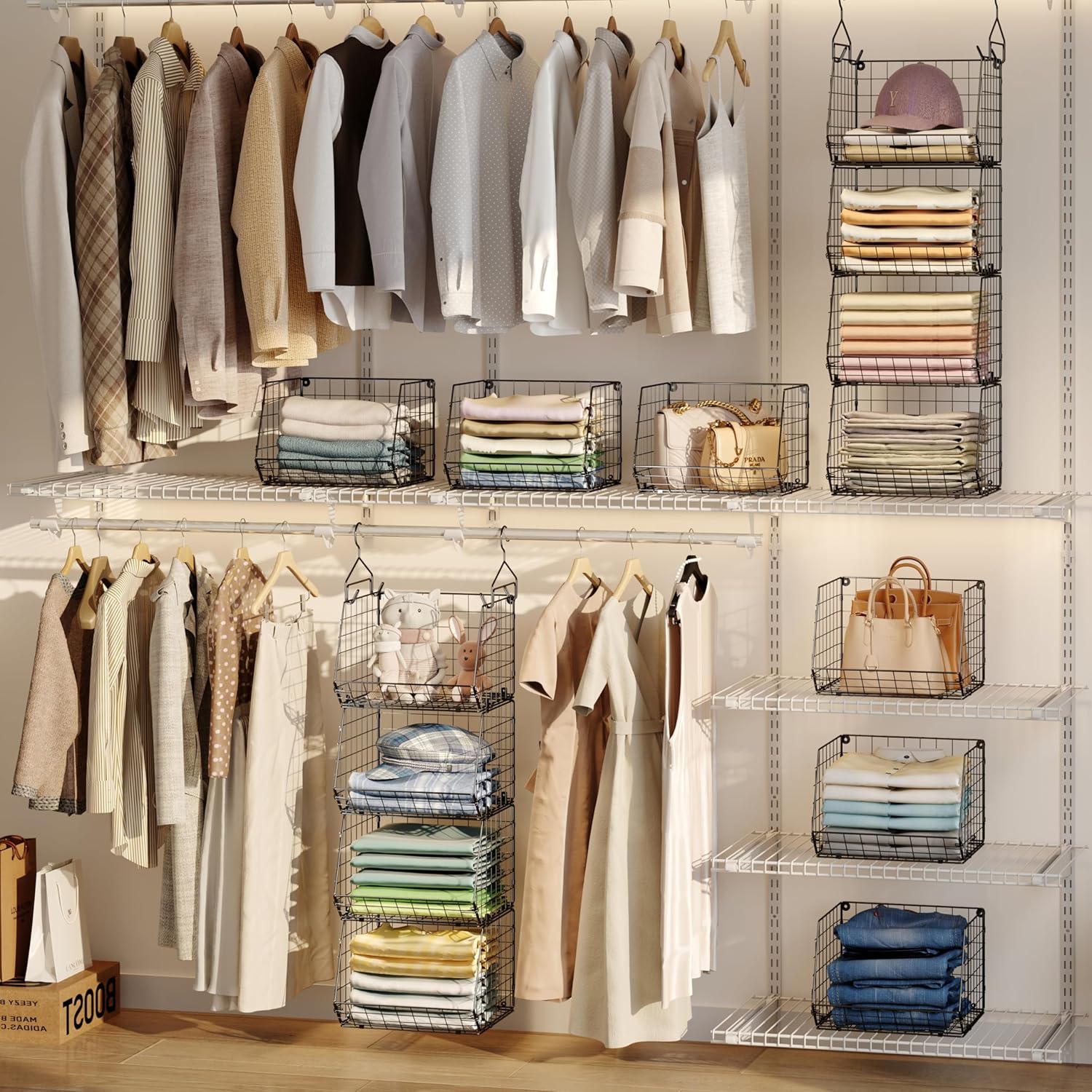 4 Tier Closet Hanging Organizer, Closet Organizers and Storage with 5 S Hooks, Closet Hanging