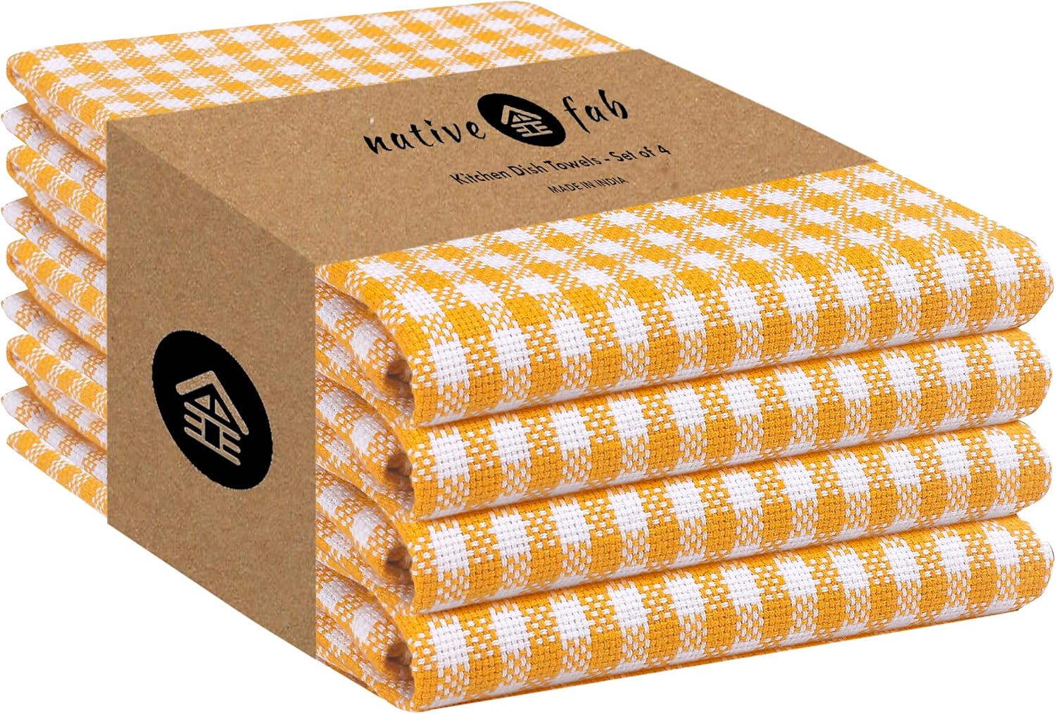 Native Fab 4 Pack Yellow Gingham Cotton Dish Towels 16"x26" - Absorbent Kitchen Linen Towels with