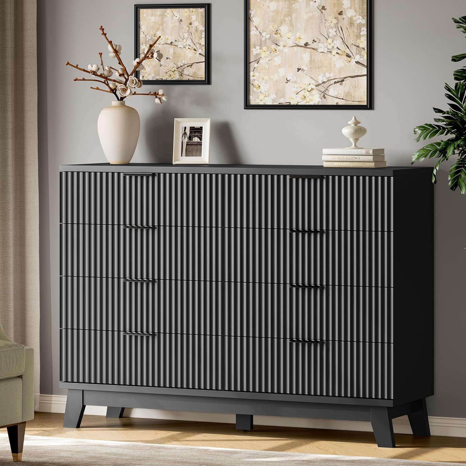 Fluted Dresser with 8 Drawers, 54" Wide Modern Chest of Drawers with Metal Handle, Wooden Dresser