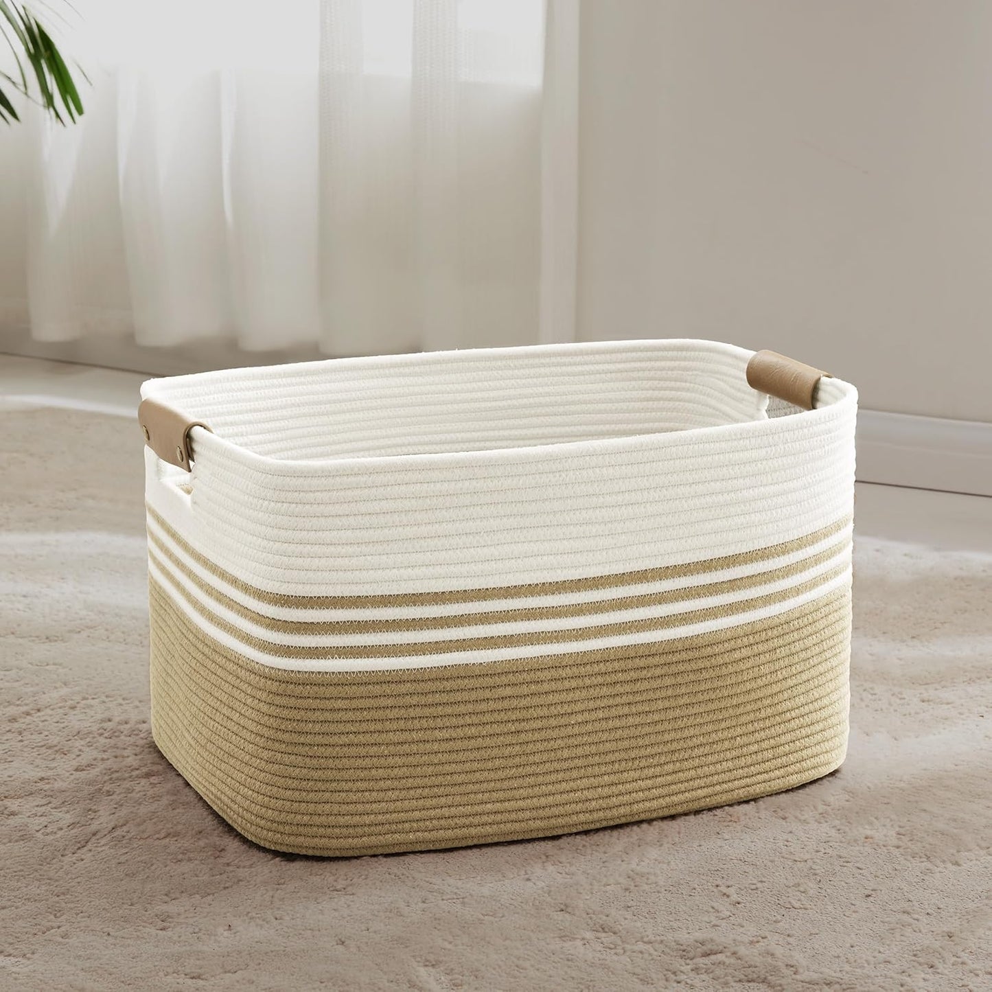60L Large Laundry Basket with Leather Handles for Living Room Storage, Woven Rope BasketsBin for