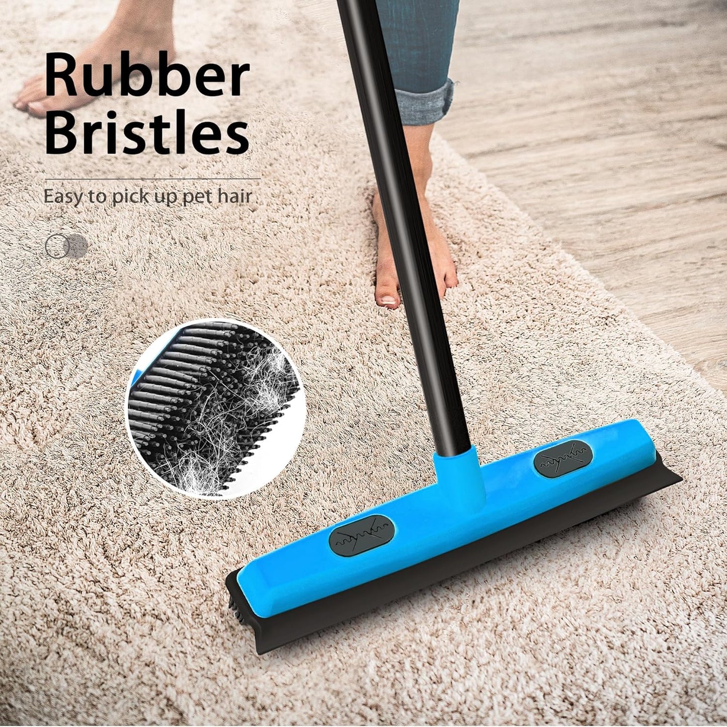 JEHONN Rubber Broom Carpet Rake Brush for Pet Hair with Squeegee, 52.8 inches Long Handle Silicone