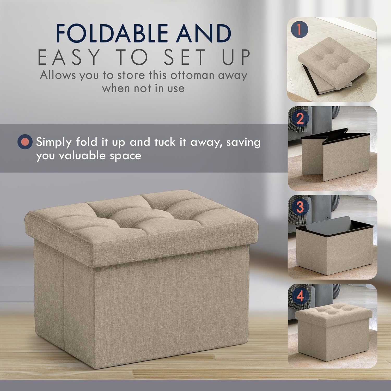 Ornavo Home Small Storage Ottoman Foldable Collapsible Rectangle Linen Ottoman Foot Rest Stool