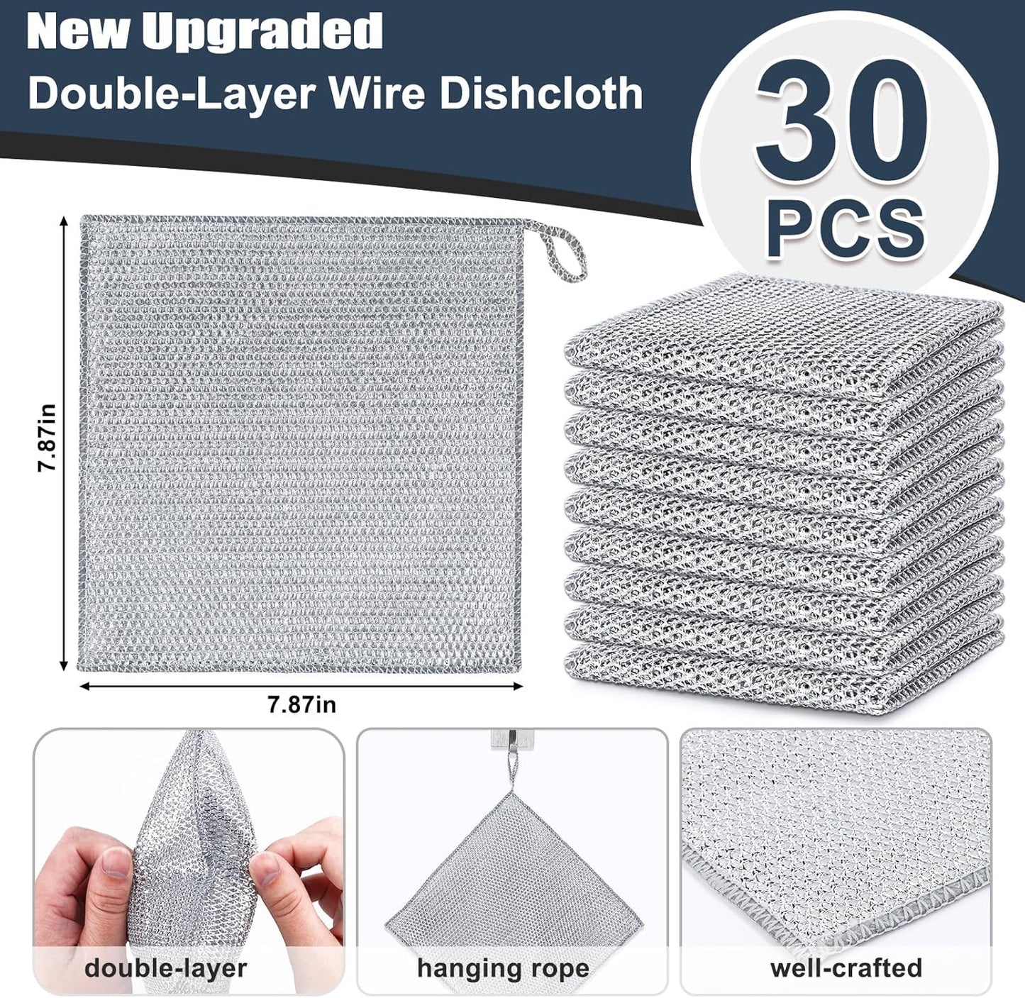 Navona 30 Pcs New Upgrade Steel Wire Dishcloth,Double-Layer Steel Wire Cleaning Cloth,Powerful