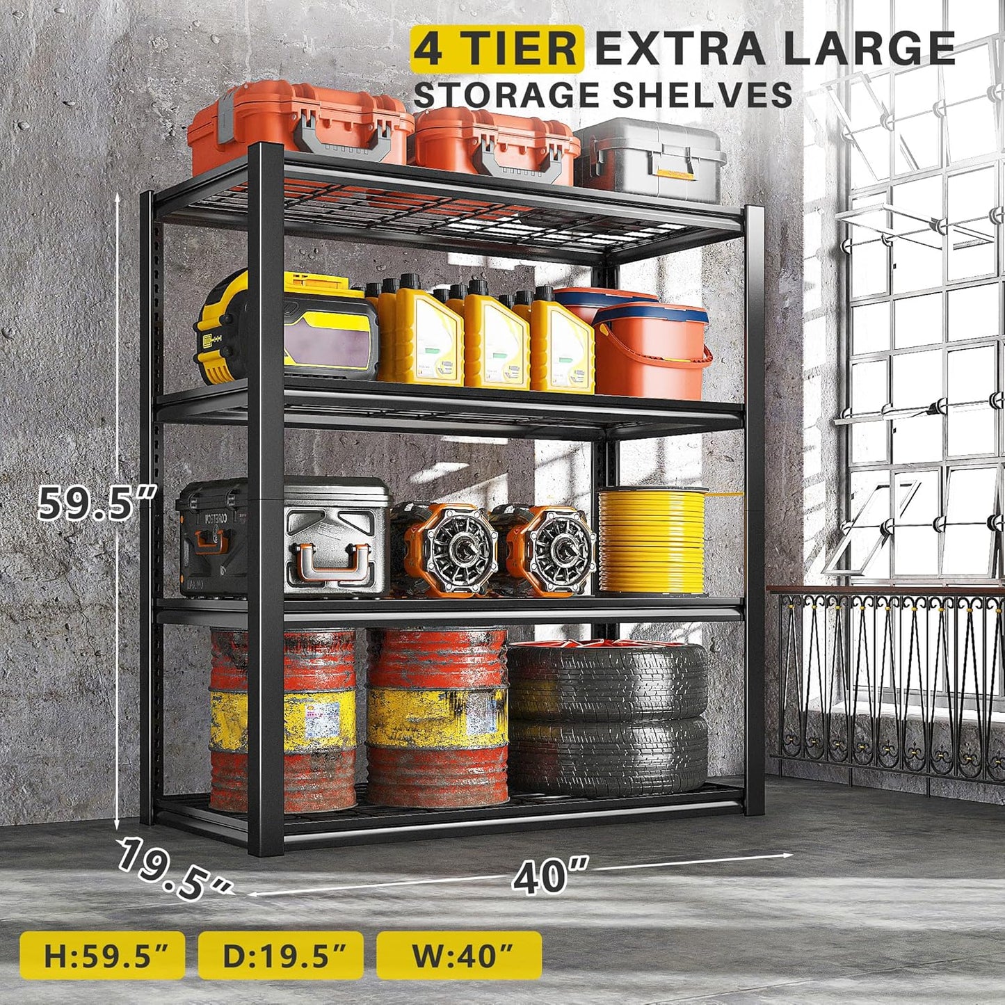 REIBII 40" W Garage Shelving 2240 LBS Storage Shelves Adjustable Heavy Duty Shelving 4 Tier Metal