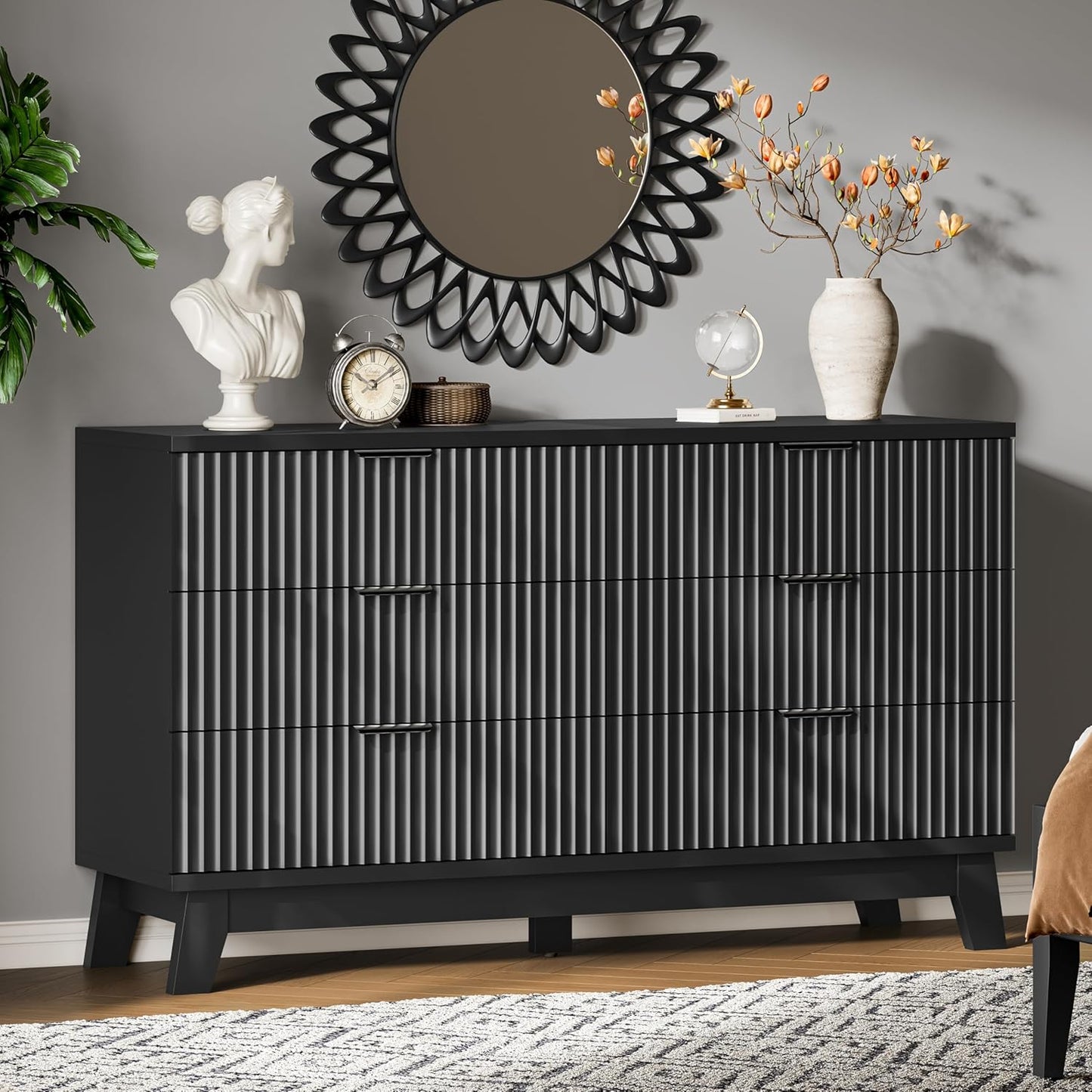Fluted Dresser with 6 Drawers, 54" Wide Modern Chest of Drawers with Metal Handle, Wooden Dresser