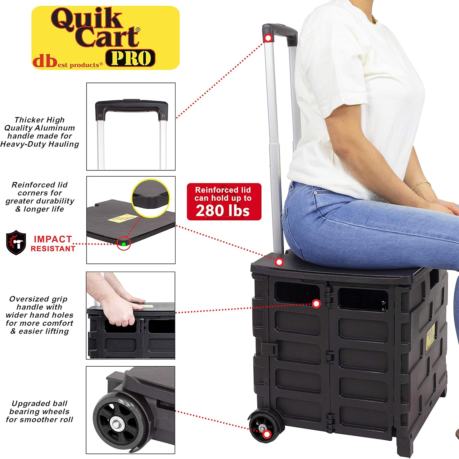 dbest products Quik Cart Pro Wheeled Rolling Crate Teacher Utility with seat Heavy Duty Collapsible