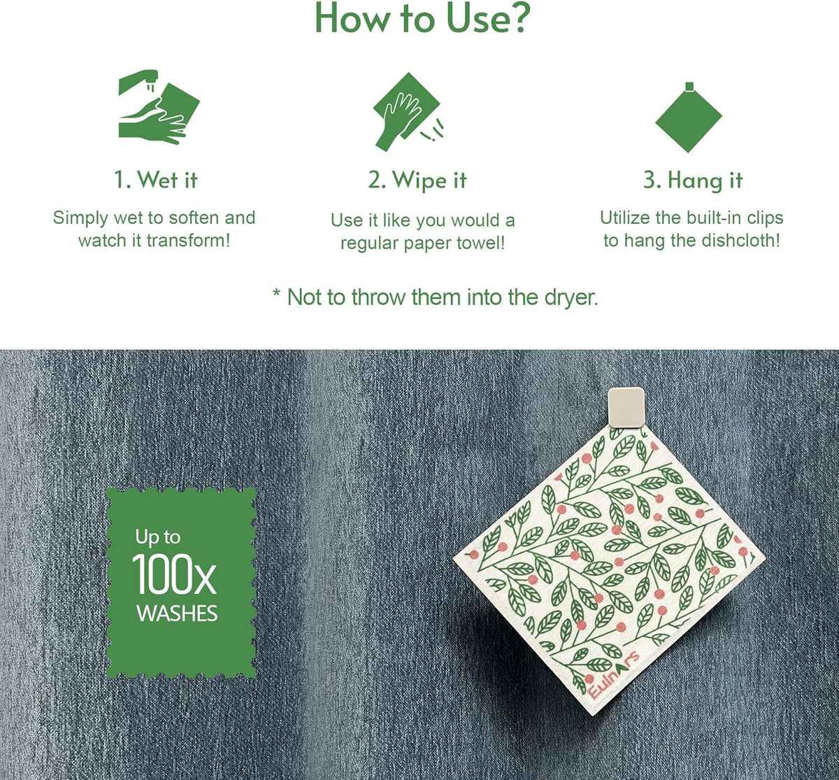 Swedish Dishcloths for Kitchen, 8 Pack Green Reusable Paper Towels with Clips, Non-Scratch Swedish