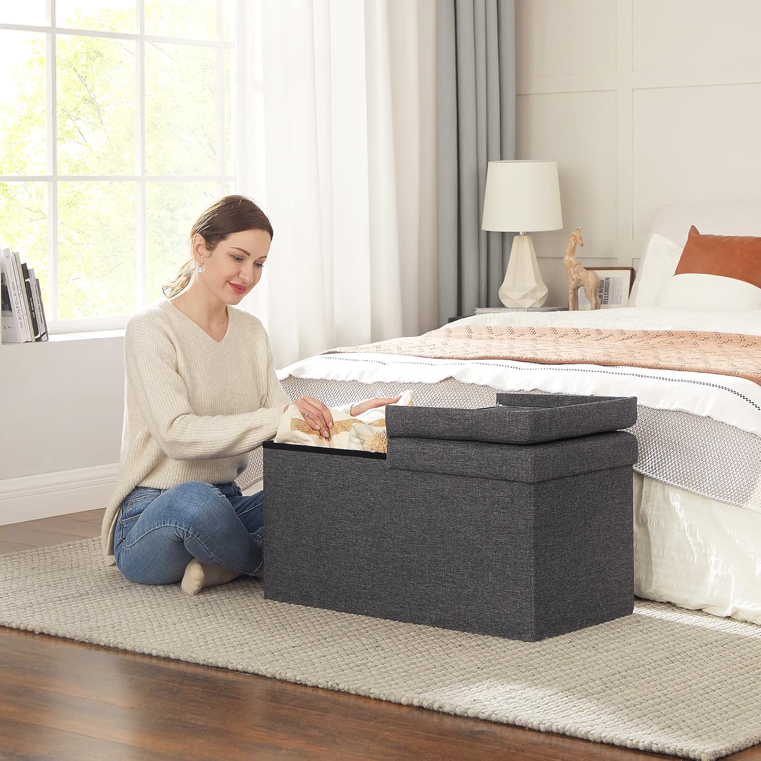 SONGMICS MAZIE Collection - 30 Inches Storage Ottoman, Foldable Storage Bench with Flipping Lid