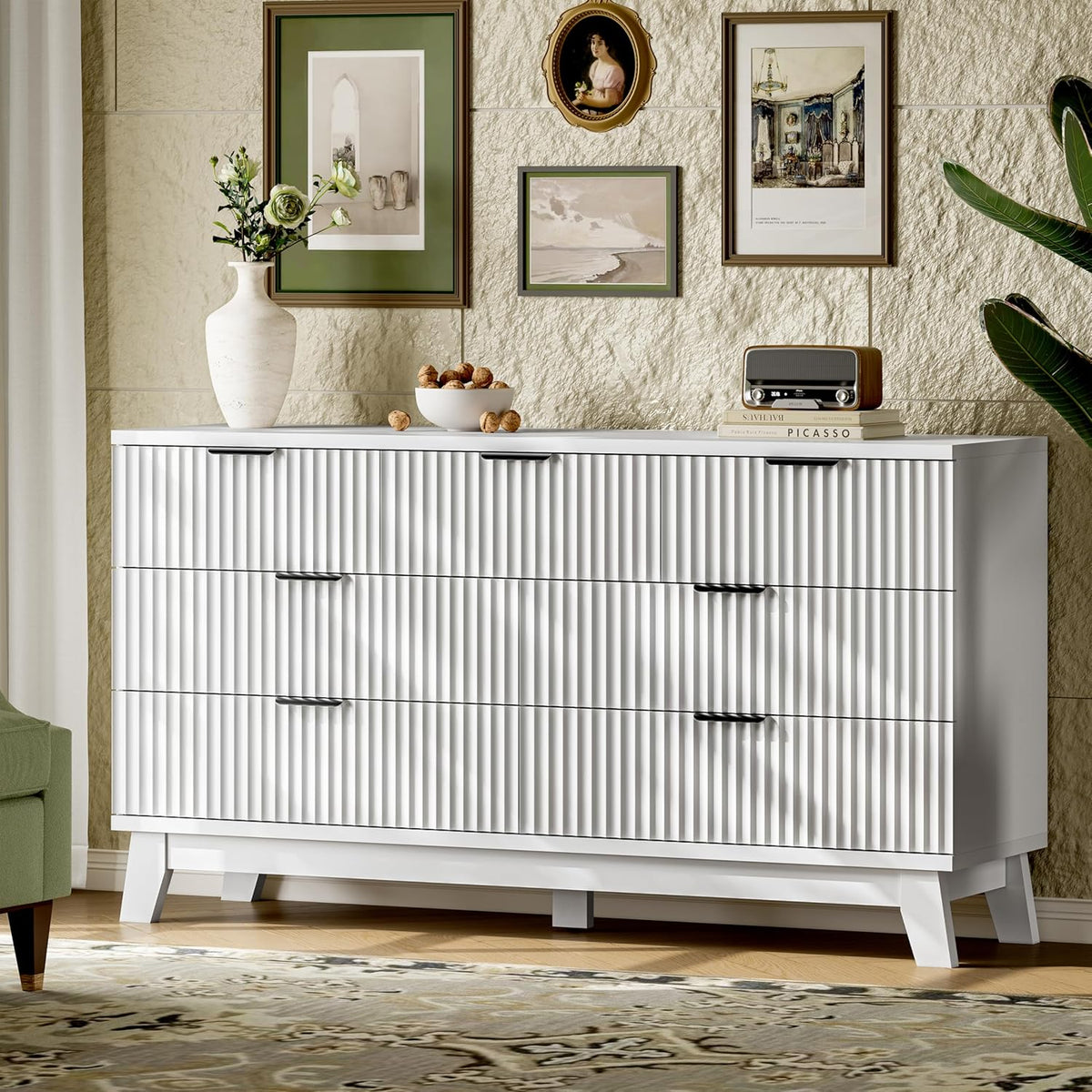 Fluted Dresser with 7 Drawers, 58" Wide Modern Chest of Drawers with Metal Handle, Wooden Dresser