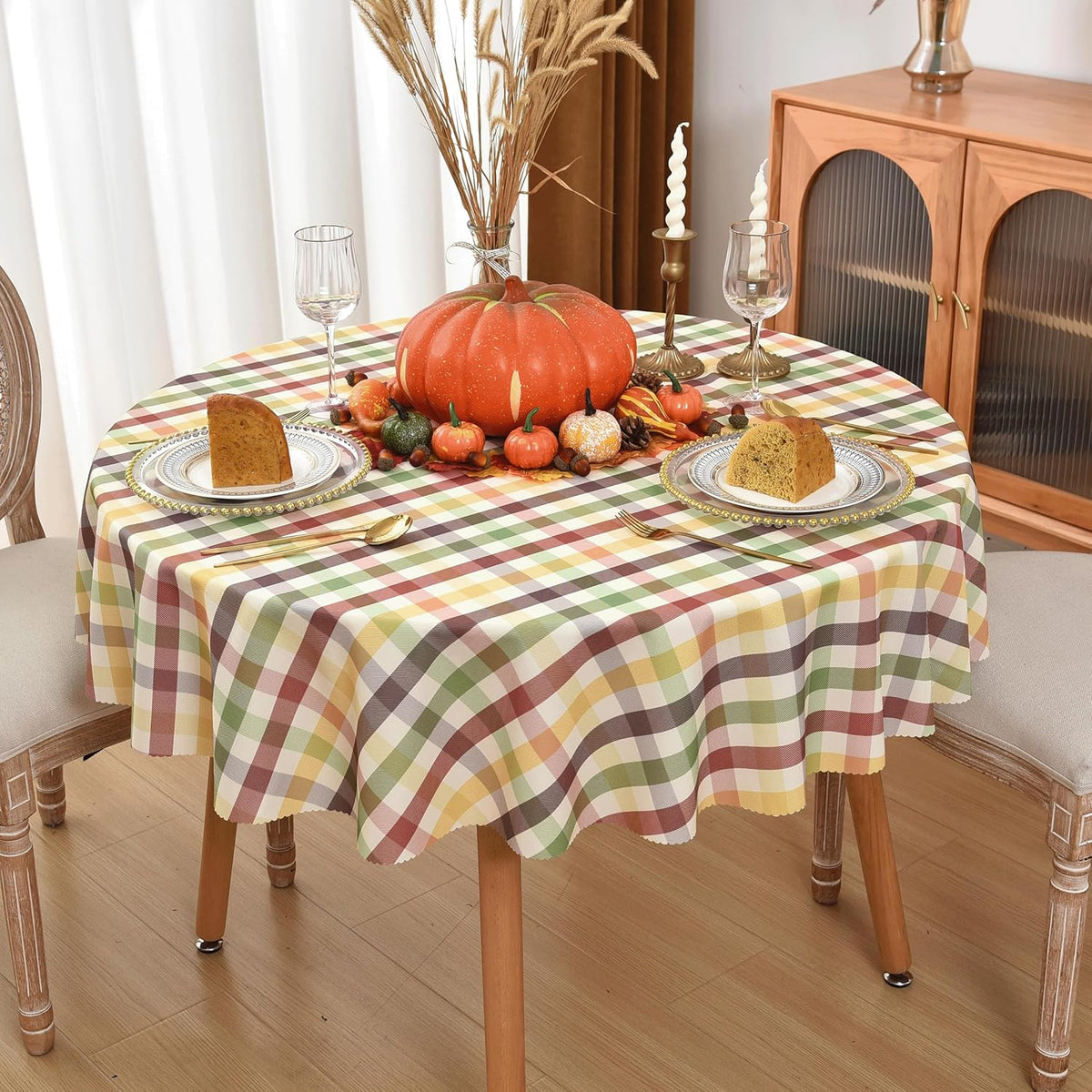 Waterproof Plaid Tablecloth Fabric - Round 58 Inch Classic Gingham Checker Table Cloth for
