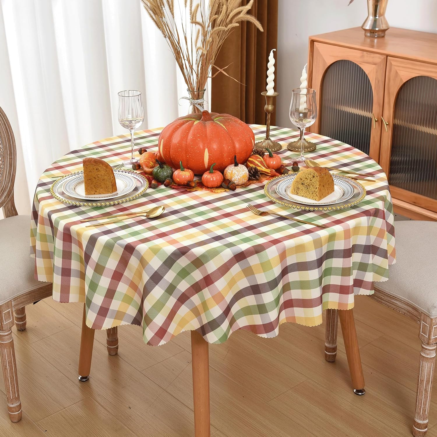 Waterproof Plaid Tablecloth Fabric - Round 58 Inch Classic Gingham Checker Table Cloth for