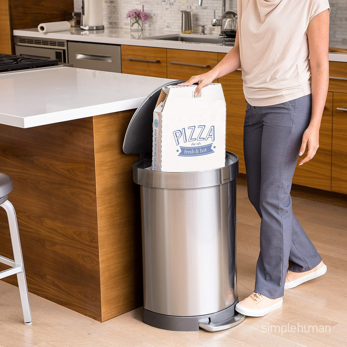 simplehuman 60 Liter Semi-Round Hands-Free Kitchen Step Stainless Steel Trash Can with Soft-Close