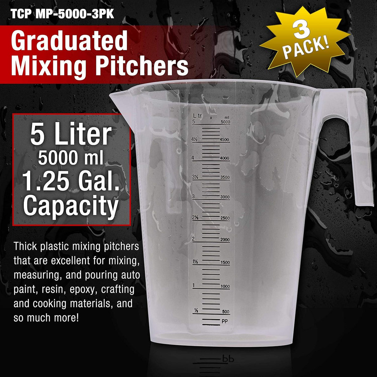 TCP Global 5 Liter (5000ml) Gallon Plastic Graduated Measuring and Mixing Pitcher (Pack of 3)
