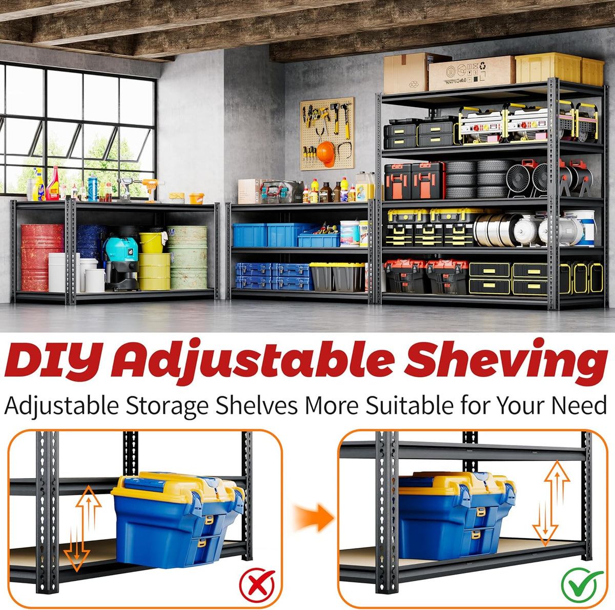 48"W Garage Shelving, 3050LBS Storage Shelves heavy duty, 5 Tier Metal Shelving Unit Adjustable