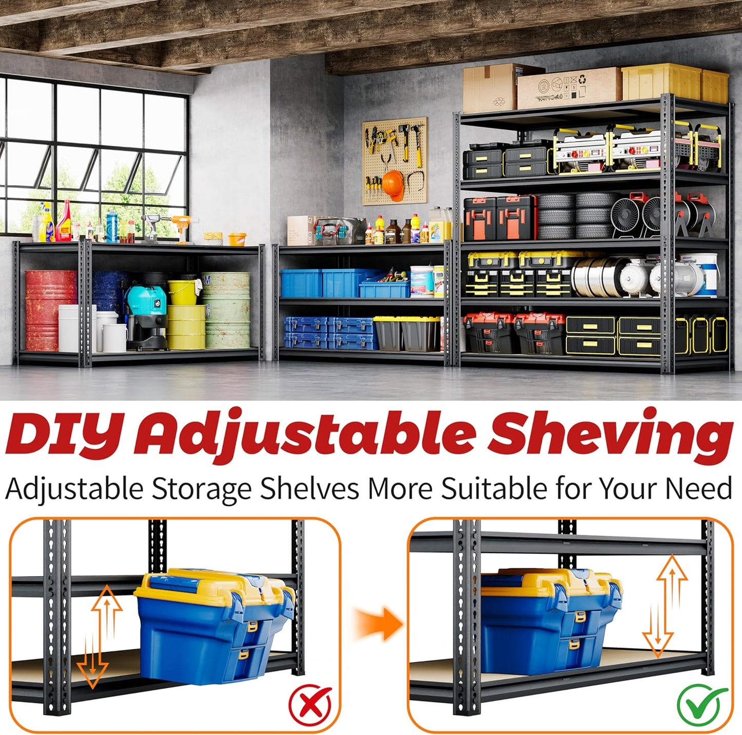 48"W Garage Shelving, 3050LBS Storage Shelves Heavy Duty, 5 Tier Metal Shelving Unit Adjustable