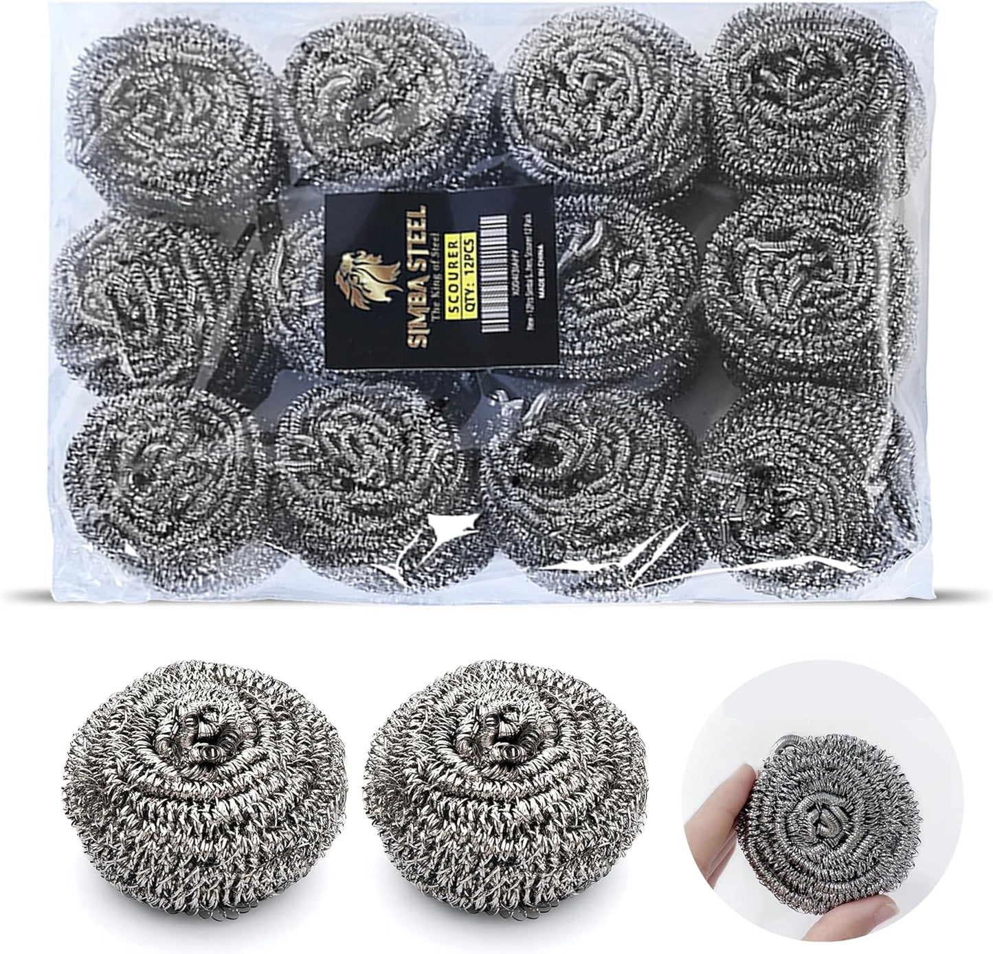 12Pcs Simba Stainless Steel Wool Scrubber Pads for Cleaning Pans, Pots, Dishes, Ovens, Grills