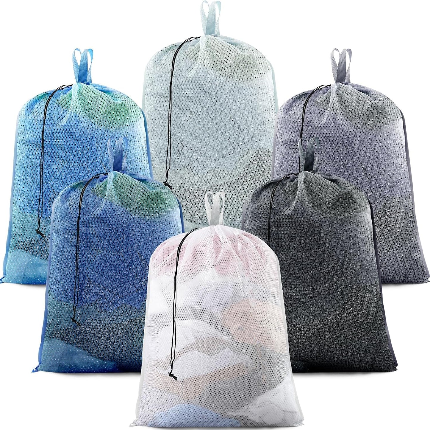 6 Pack 24 x 36 Inches Blue Mesh Laundry Bag with Handles Machine Washable Secure Drawstring Closure