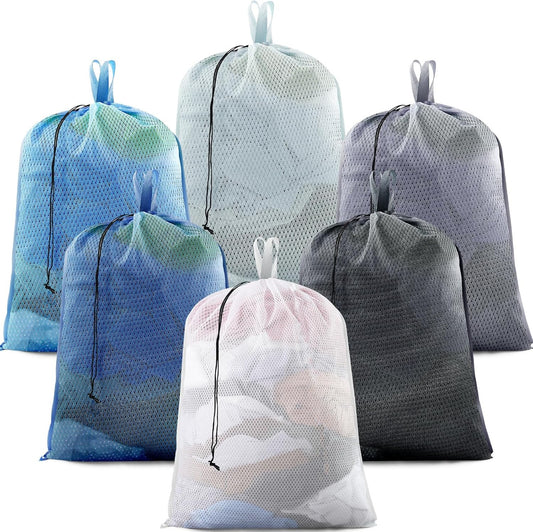 6 Pack 24 x 36 Inches Blue Mesh Laundry Bag with Handles Machine Washable Secure Drawstring Closure
