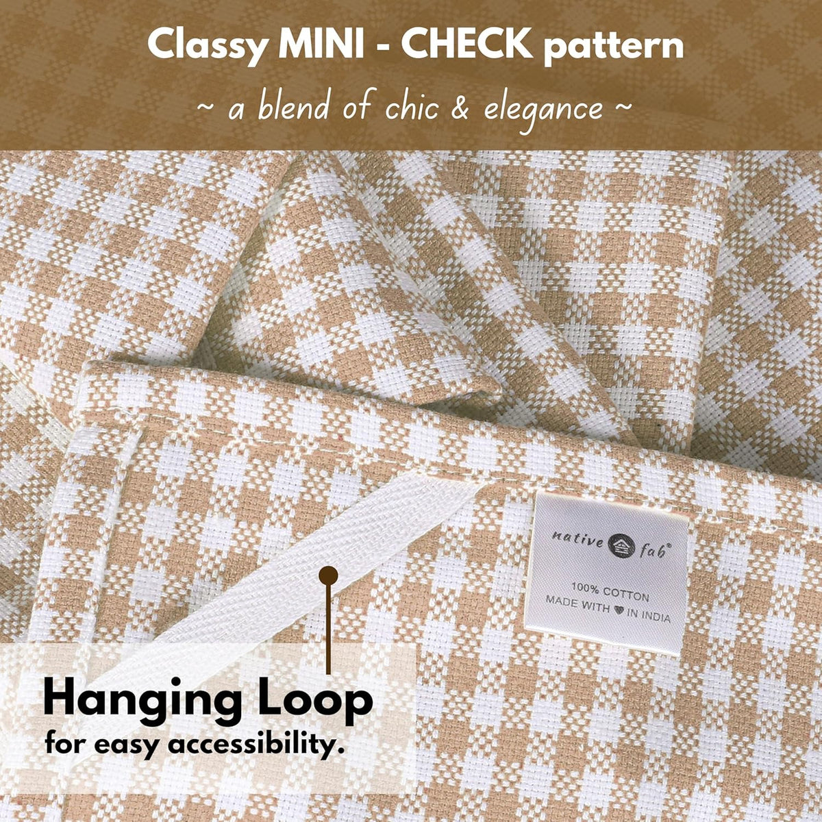 Native Fab Beige Gingham Kitchen Dish Towels 4 Pack 16"x26" - 100% Cotton Absorbent Plaid Tea