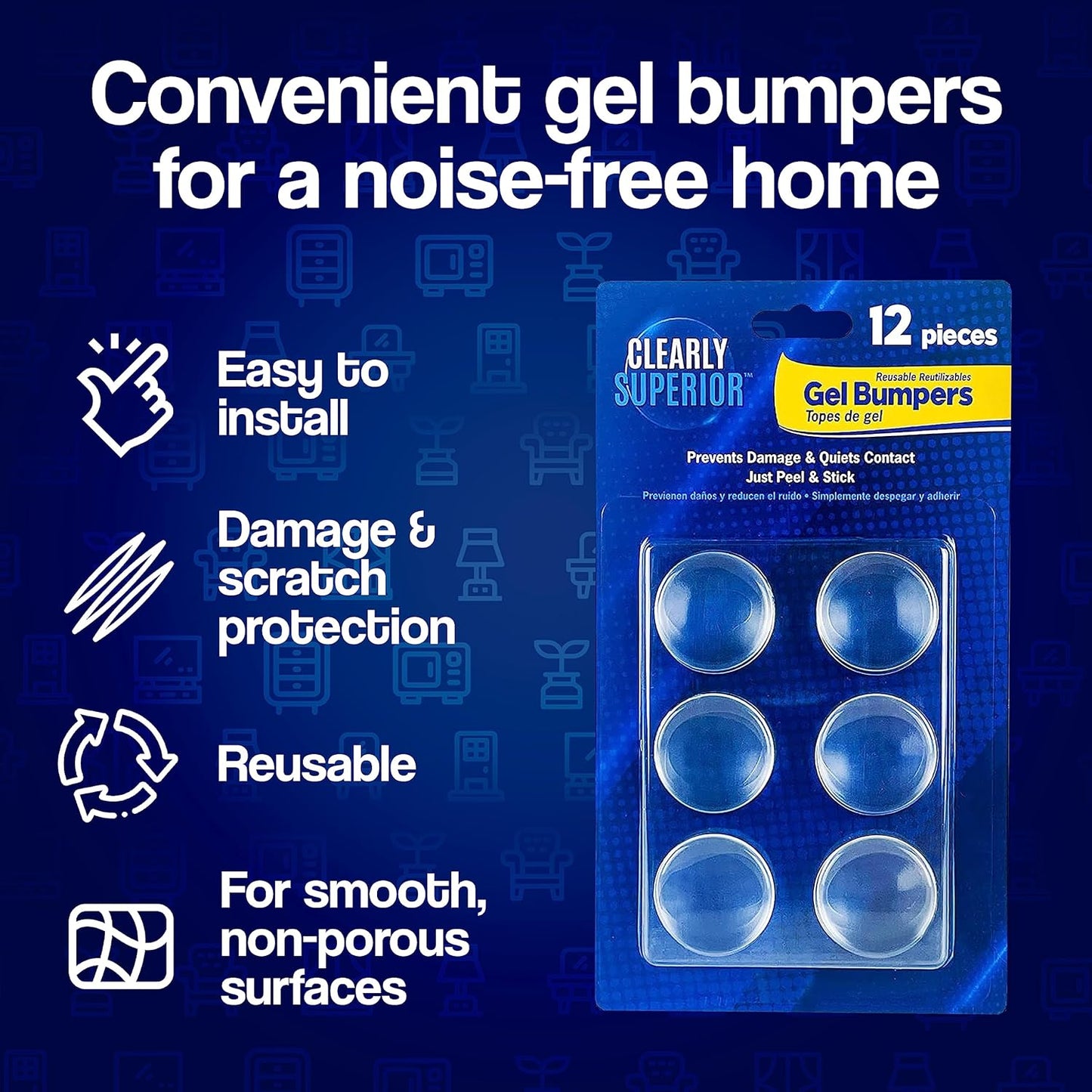 12-Pack Clearly Superior Gel Bumpers. Small Rectangle 1.5" x .5" Protects Surfaces & Quiets