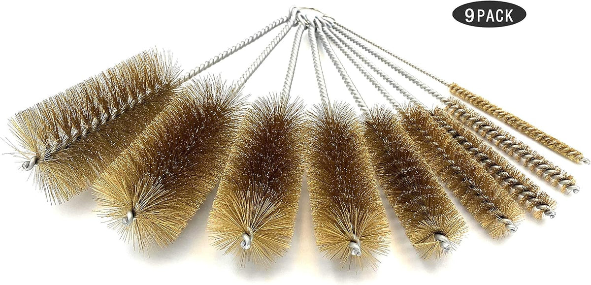 Pipe Cleaning Brush Set with Brass Bristles, 9 Piece Variety Pack for Auto Parts, Bottles,Tubes