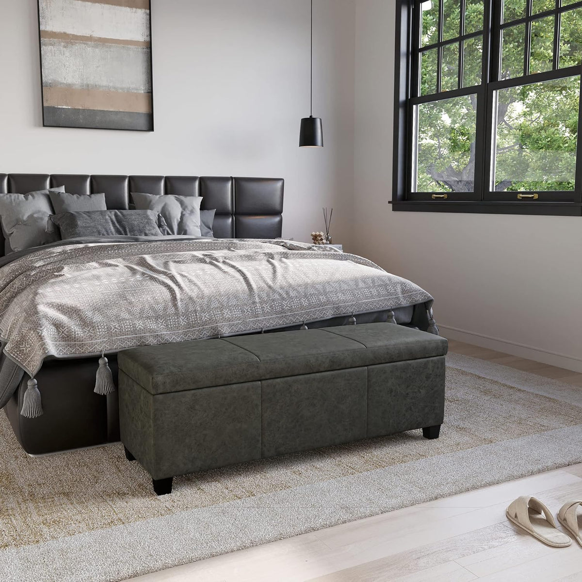 BELLEZE Storage Faux Leather Ottoman, 47 Inch Bench Bedroom Bench with Safety Close Hinge, Extra