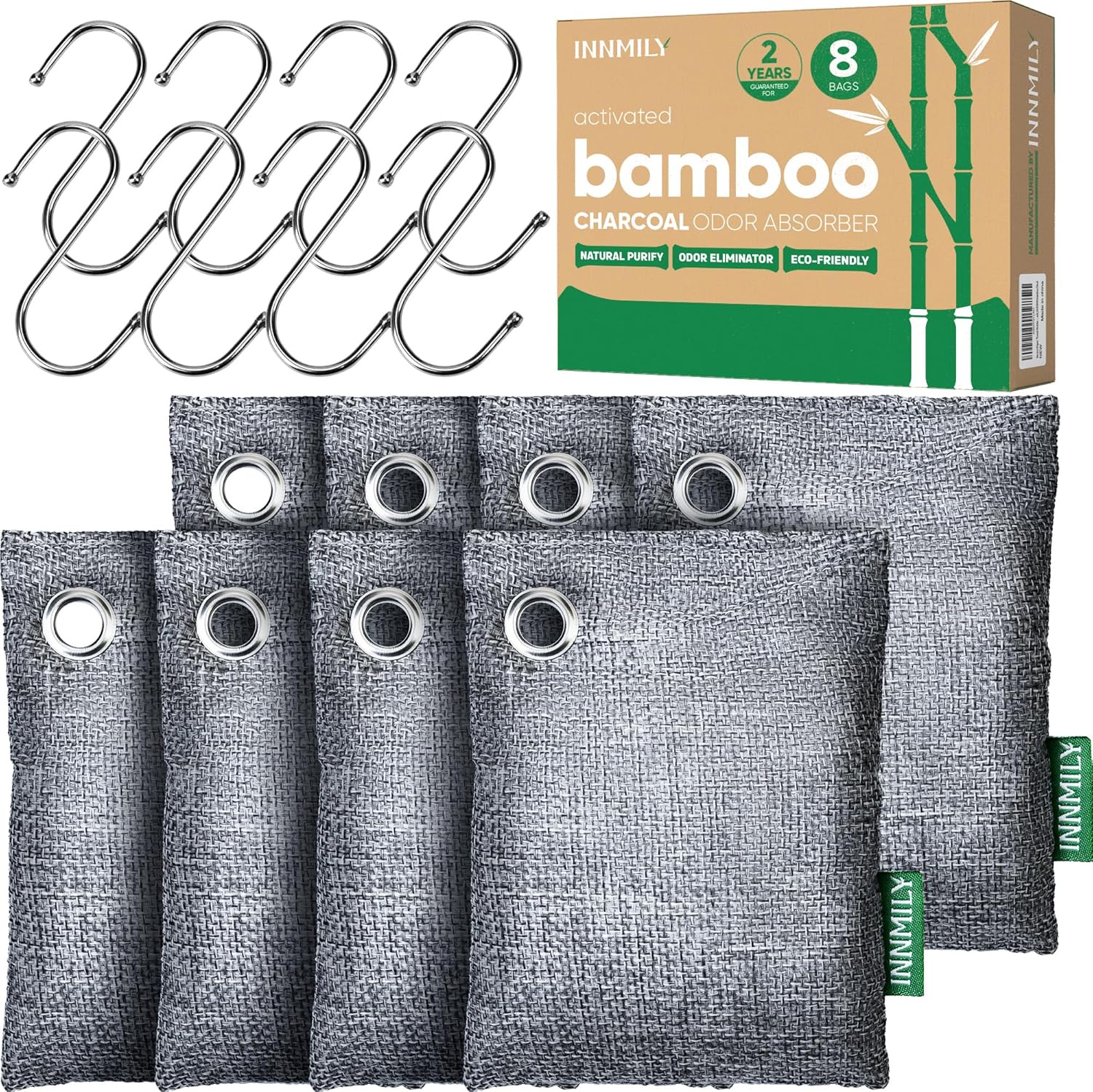 Activated Charcoal Odor Absorber, 8 Pack w Hooks Nature Odor Eliminator for Strong Odor, Bamboo