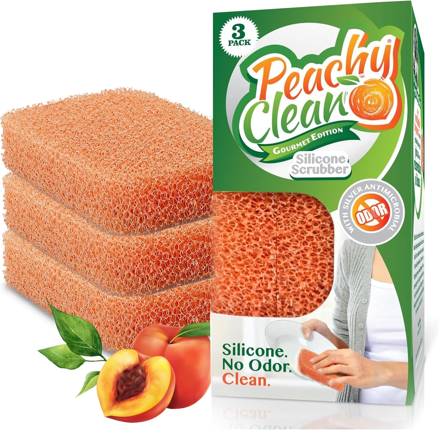 Peachy Clean Silicone Dish Sponge Scrubbers, Fresh Peach Scent, Non-Scratch, Odor-Resistant