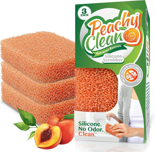 Peachy Clean Silicone Dish Sponge Scrubbers, Fresh Peach Scent, Non-Scratch, Odor-Resistant